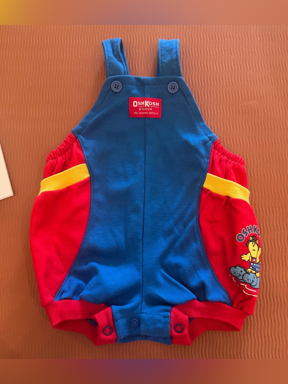 Vtg 90s Oshkosh Colorblock Shortall w Bear Hippo Graphic 6-9M